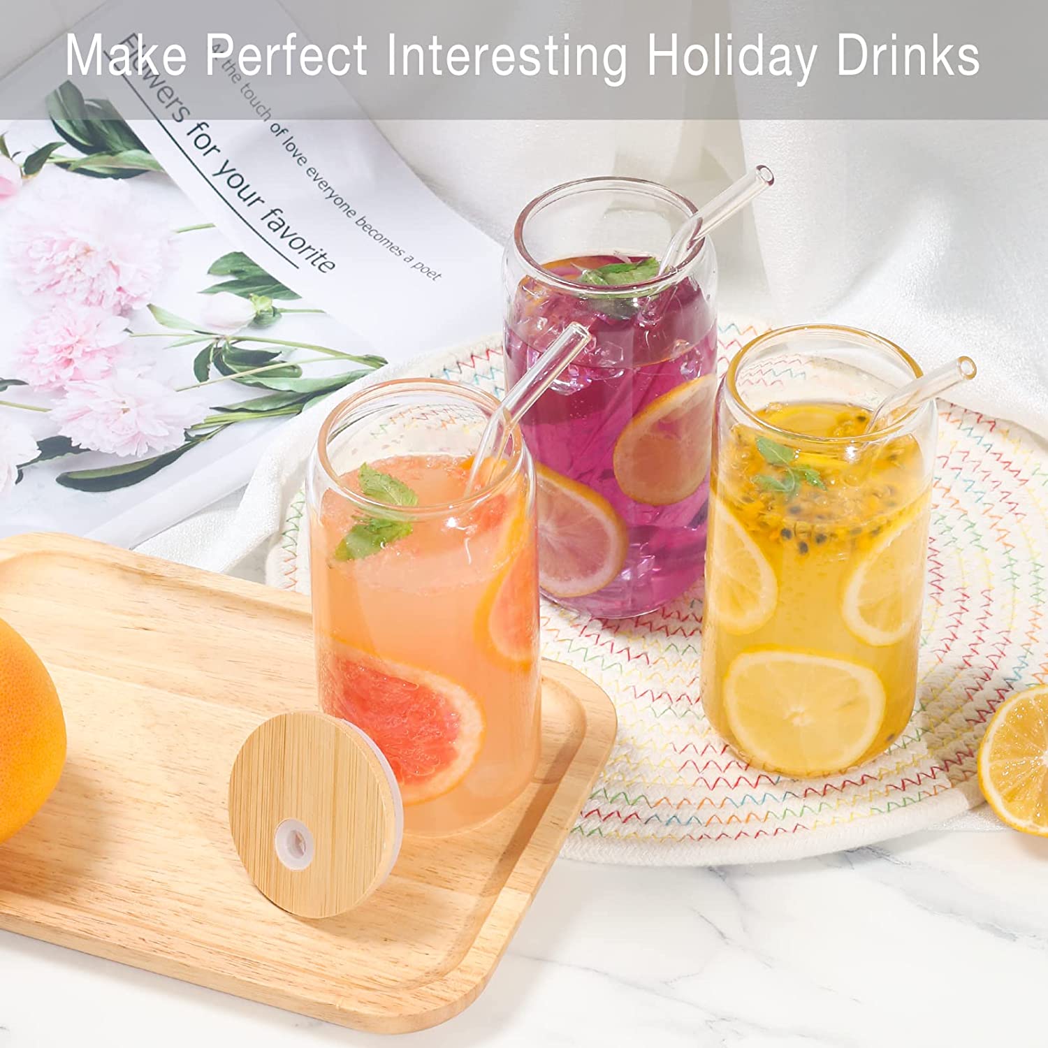 6 Pack Drinking Glass Cup with Bamboo Lid and Straw Set – Online Sale Zone