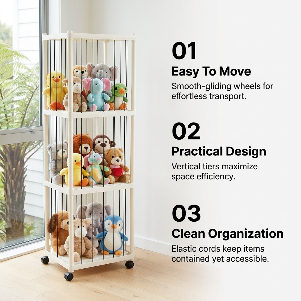 3-Tier Plush Toy Storage Rack with Wheels - Cream White Organizer