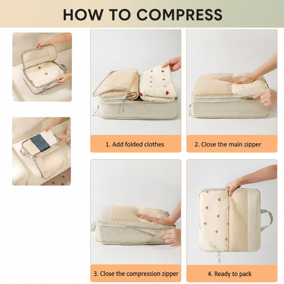 6-Piece Travel Packing Cubes Set with Laundry Bag - Beige