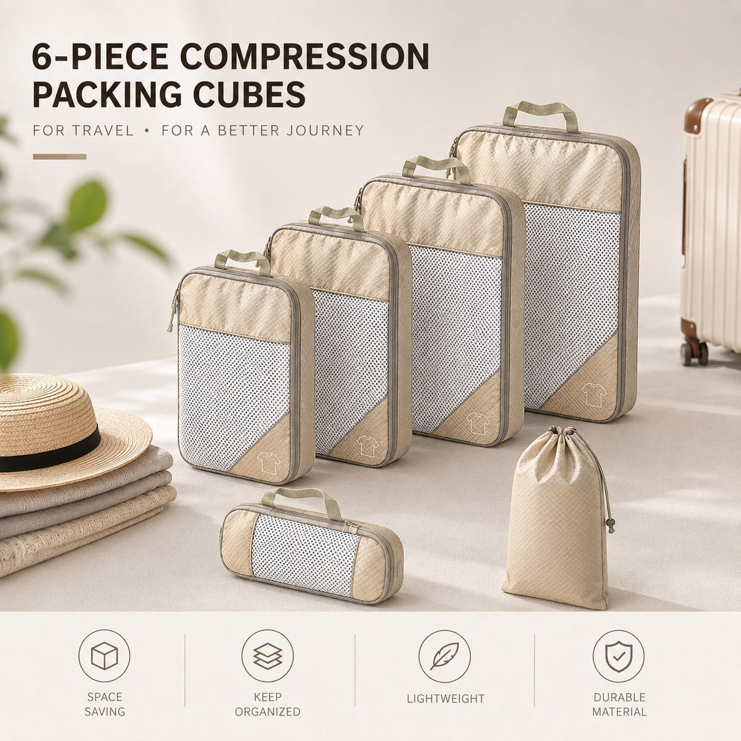 6-Piece Travel Packing Cubes Set with Laundry Bag - Beige