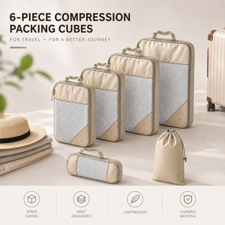 6-Piece Travel Packing Cubes Set with Laundry Bag - Beige