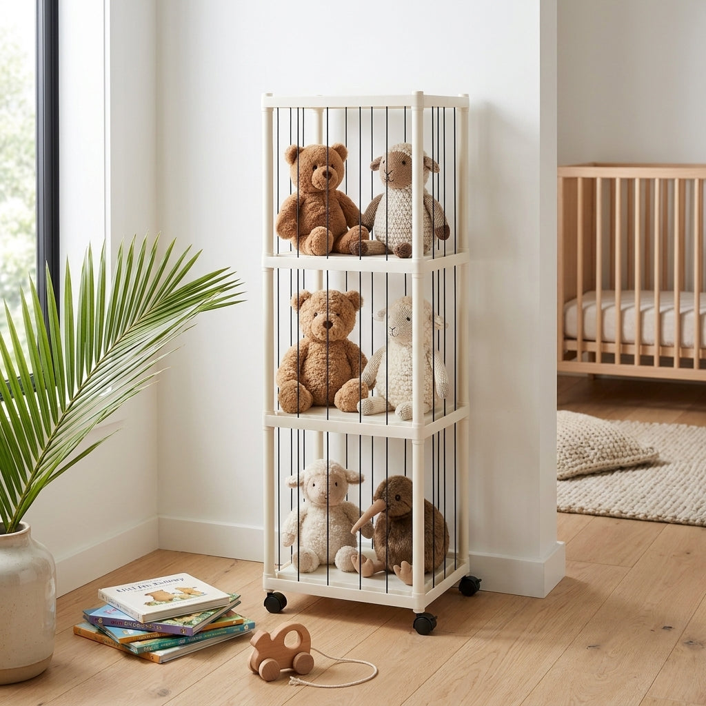 3-Tier Plush Toy Storage Rack with Wheels - Cream White Organizer
