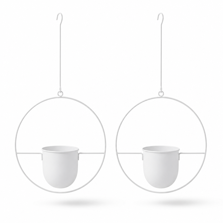 2-Pack Minimalist Round Metal Hanging Plant Pot Holders - White Finish