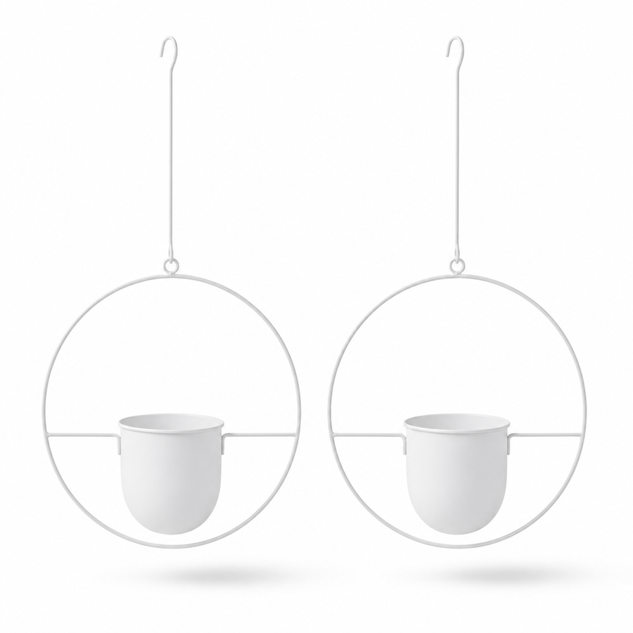 2-Pack Minimalist Round Metal Hanging Plant Pot Holders - White Finish