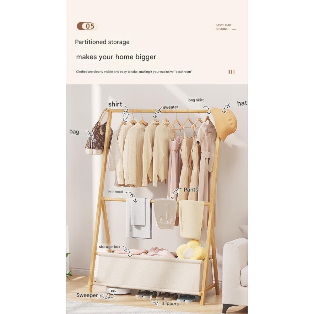 Foldable Bamboo Garment Rack with Storage Bag - 154cm