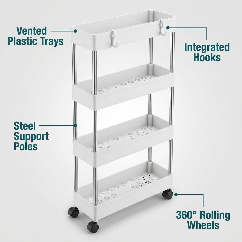4 Tier Rolling Storage Organizer Shelf with Wheels - Narrow Gap Cart