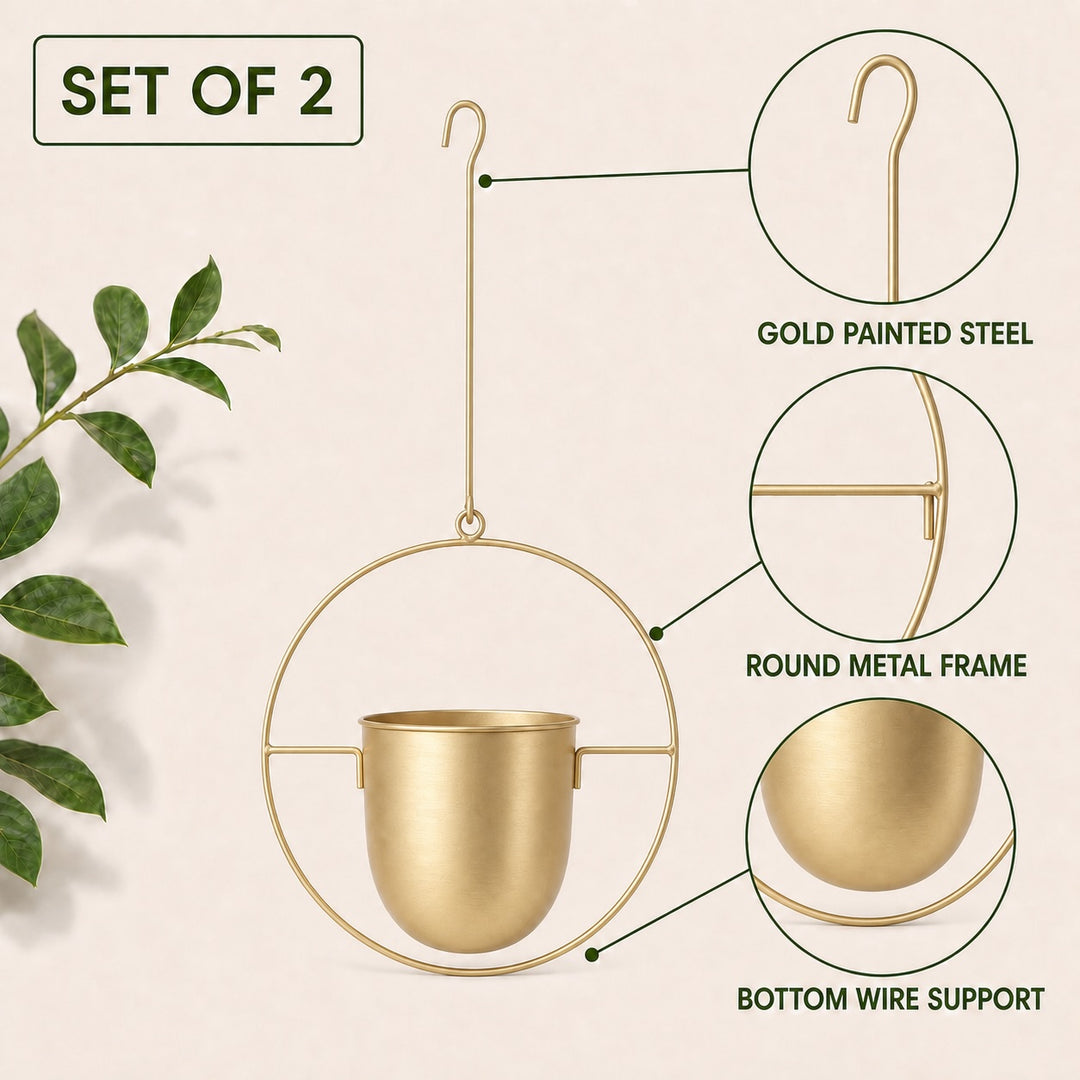 2-Pack Minimalist Round Metal Plant Hangers - Gold Finish
