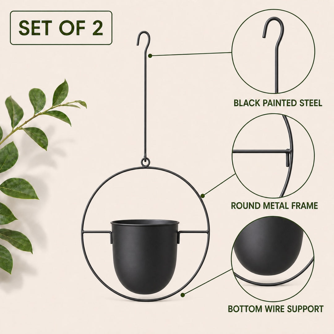 2-Pack Minimalist Round Metal Plant Hangers - Black Hanging Planters