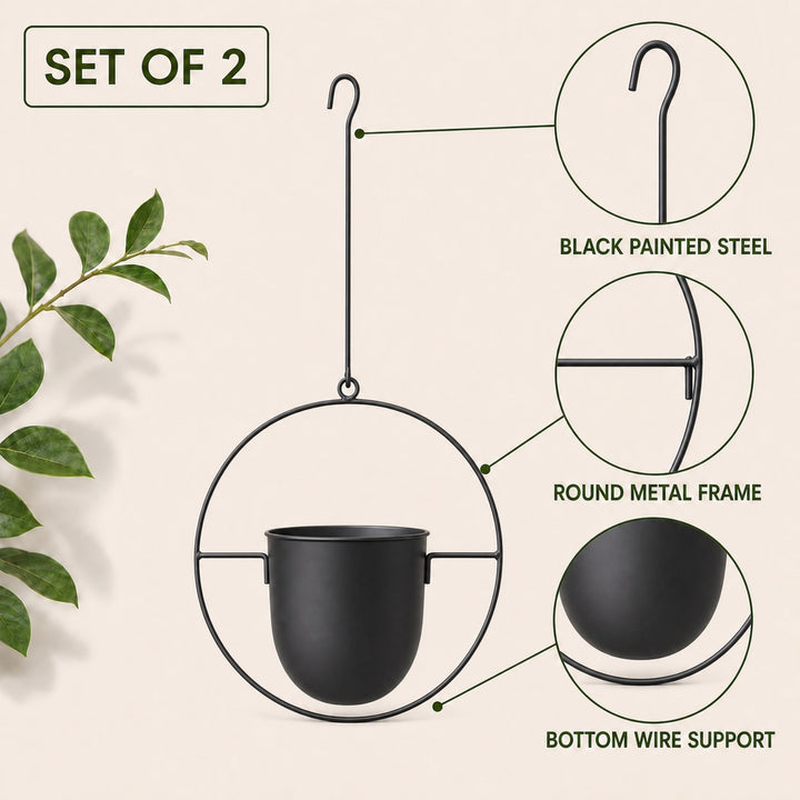 2-Pack Minimalist Round Metal Plant Hangers - Black Hanging Planters