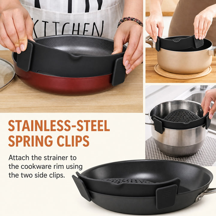 2-Piece Clip-On Silicone Pot Strainer for Pans and Bowls