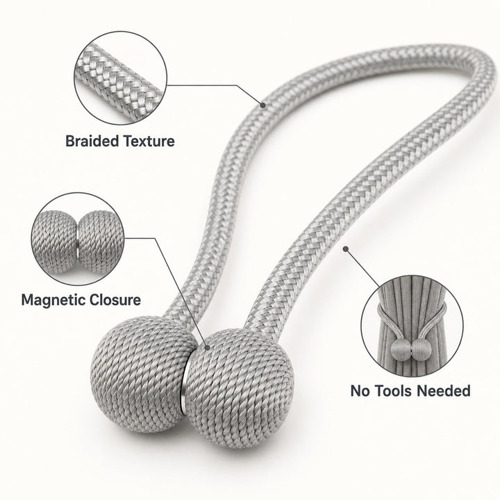 Magnetic Curtain Tiebacks 2 Pairs Woven Decorative Window Holdbacks Gray