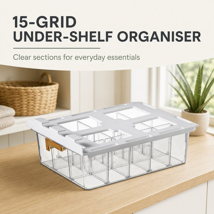 Under Shelf Pull Out Drawer Organiser with 15 Grids - Clear