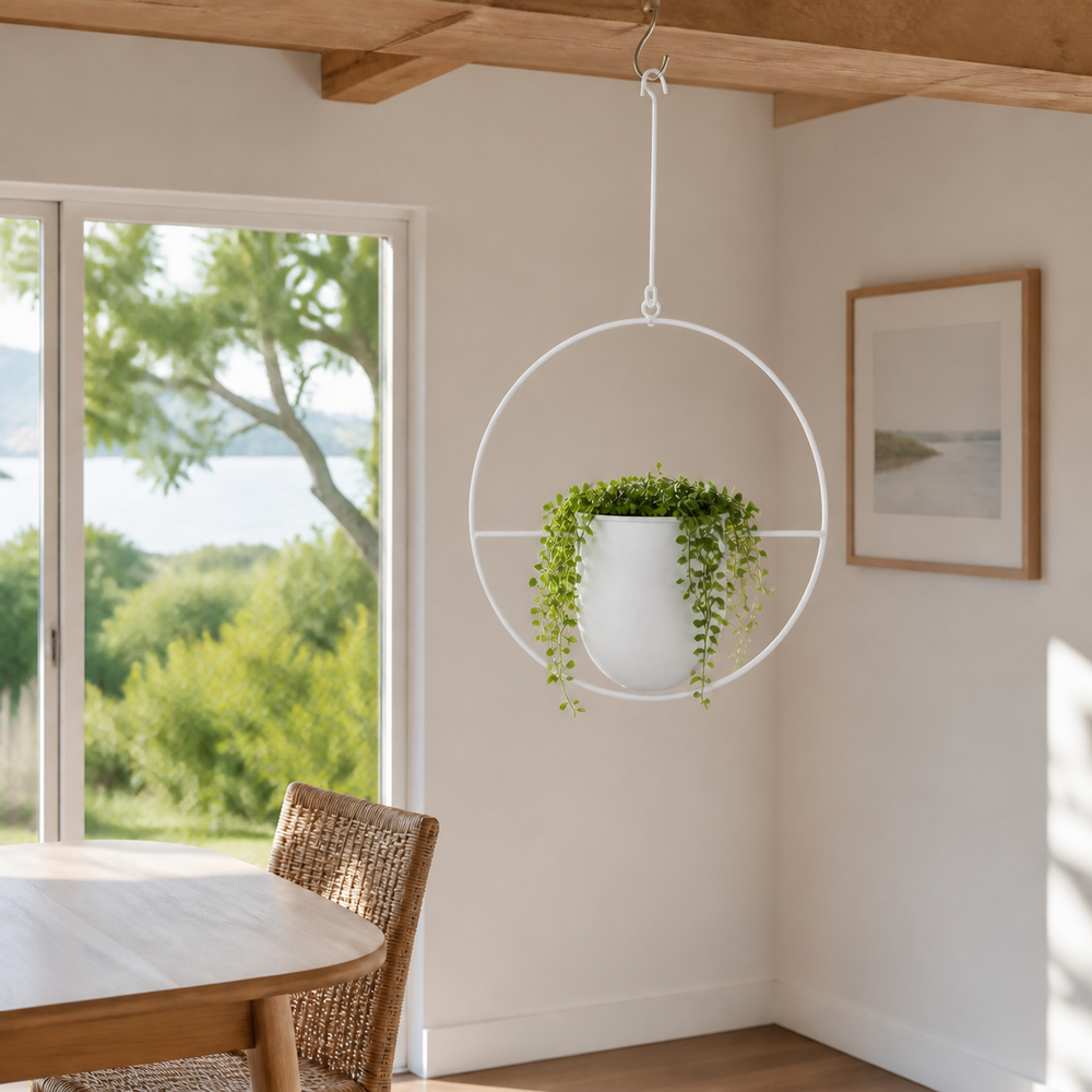 2-Pack Minimalist Round Metal Hanging Plant Pot Holders - White Finish