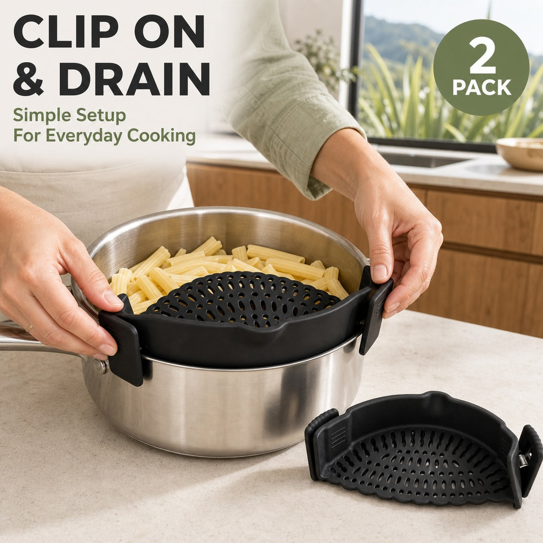 2-Piece Clip-On Silicone Pot Strainer for Pans and Bowls