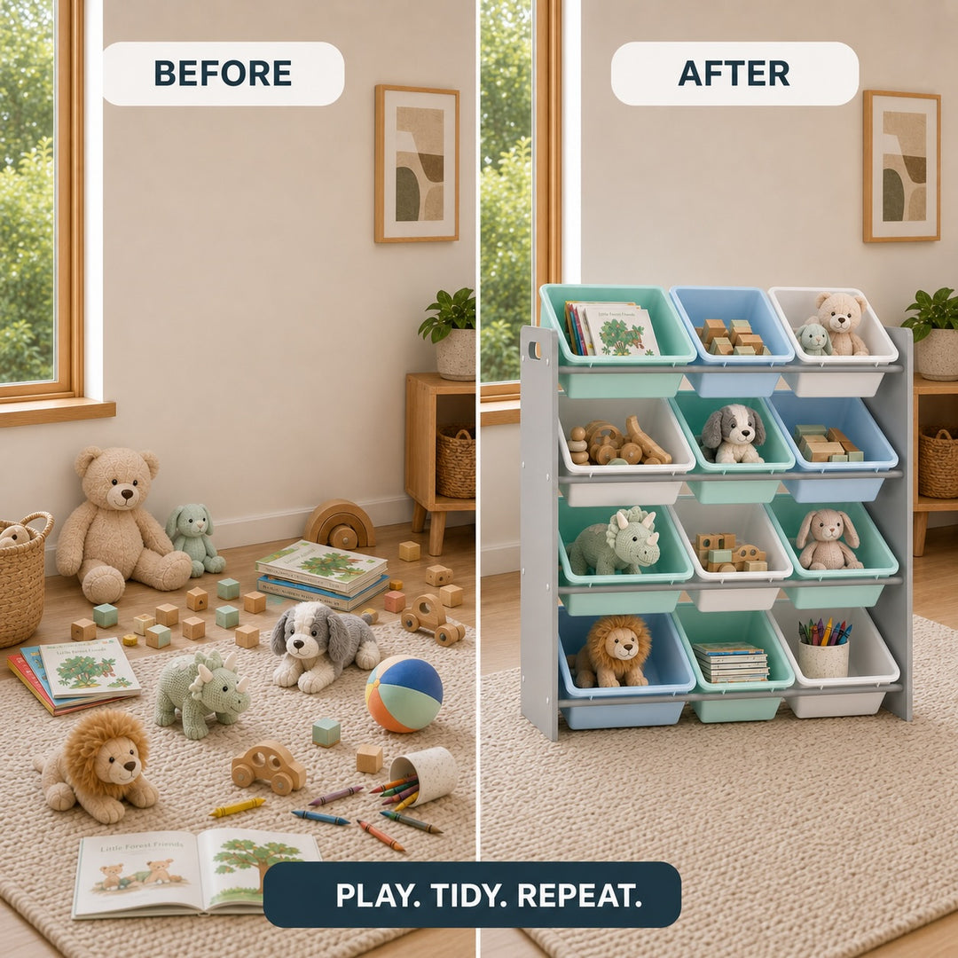 Kids Toy Storage Organizer with 12 Removable Plastic Bins - Pastel