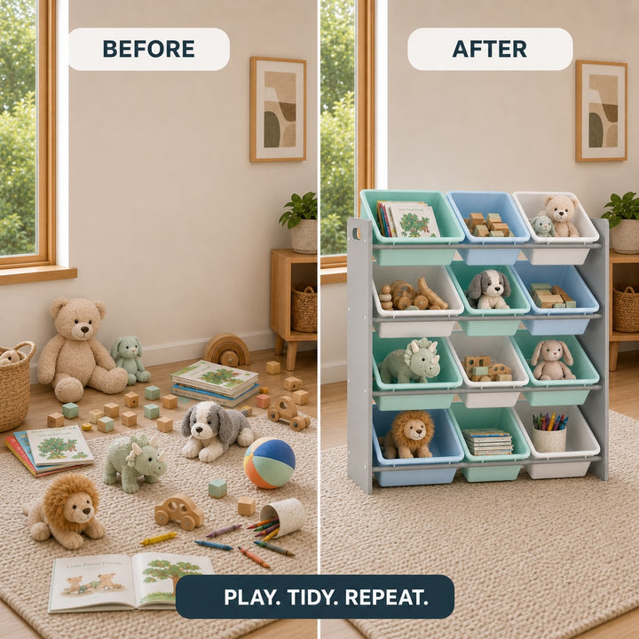 Kids Toy Storage Organizer with 12 Removable Plastic Bins - Pastel