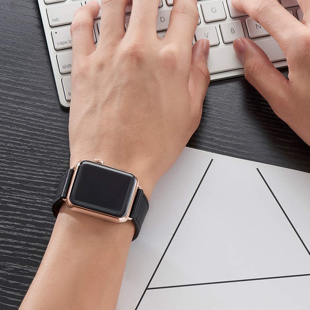Top Grain Leather Bands Compatible With Apple Watch Band for 42MM 44MM 45MM-Black