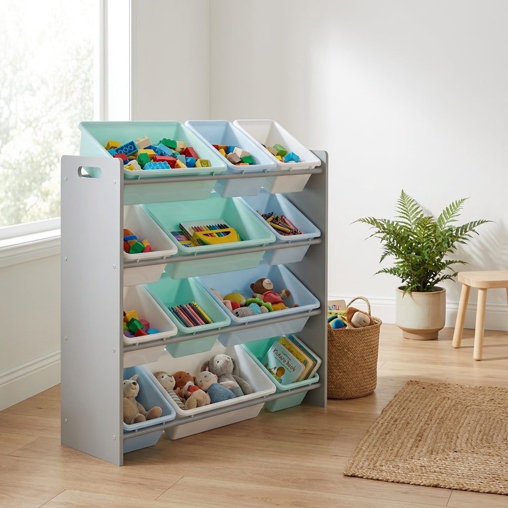 Kids Toy Storage Organizer with 12 Removable Plastic Bins - Pastel