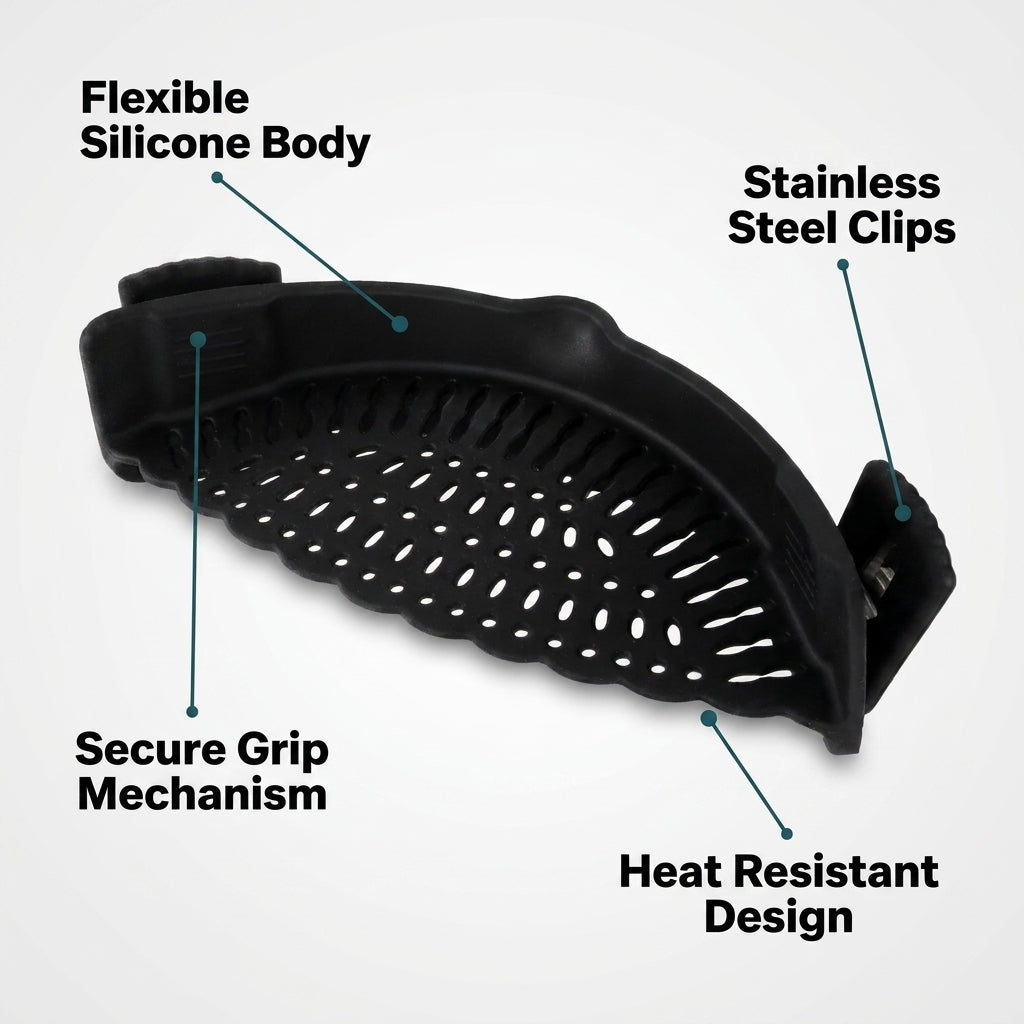 2-Piece Clip-On Silicone Pot Strainer for Pans and Bowls