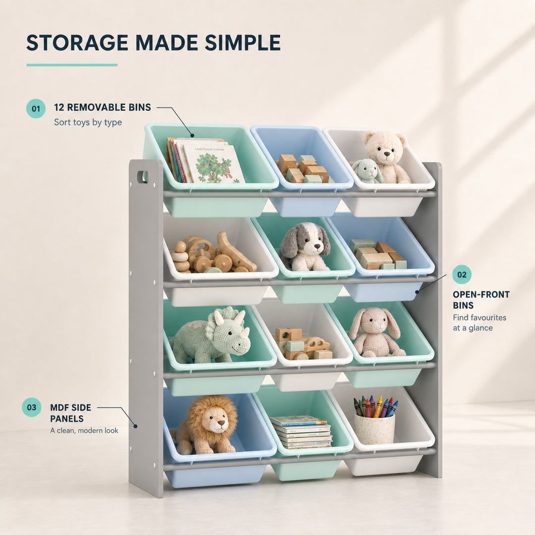Kids Toy Storage Organizer with 12 Removable Plastic Bins - Pastel