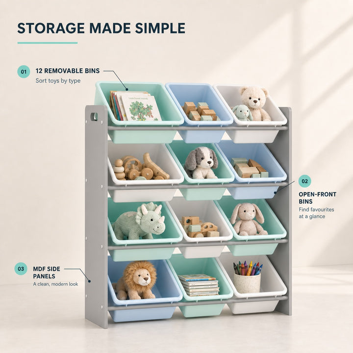 Kids Toy Storage Organizer with 12 Removable Plastic Bins - Pastel