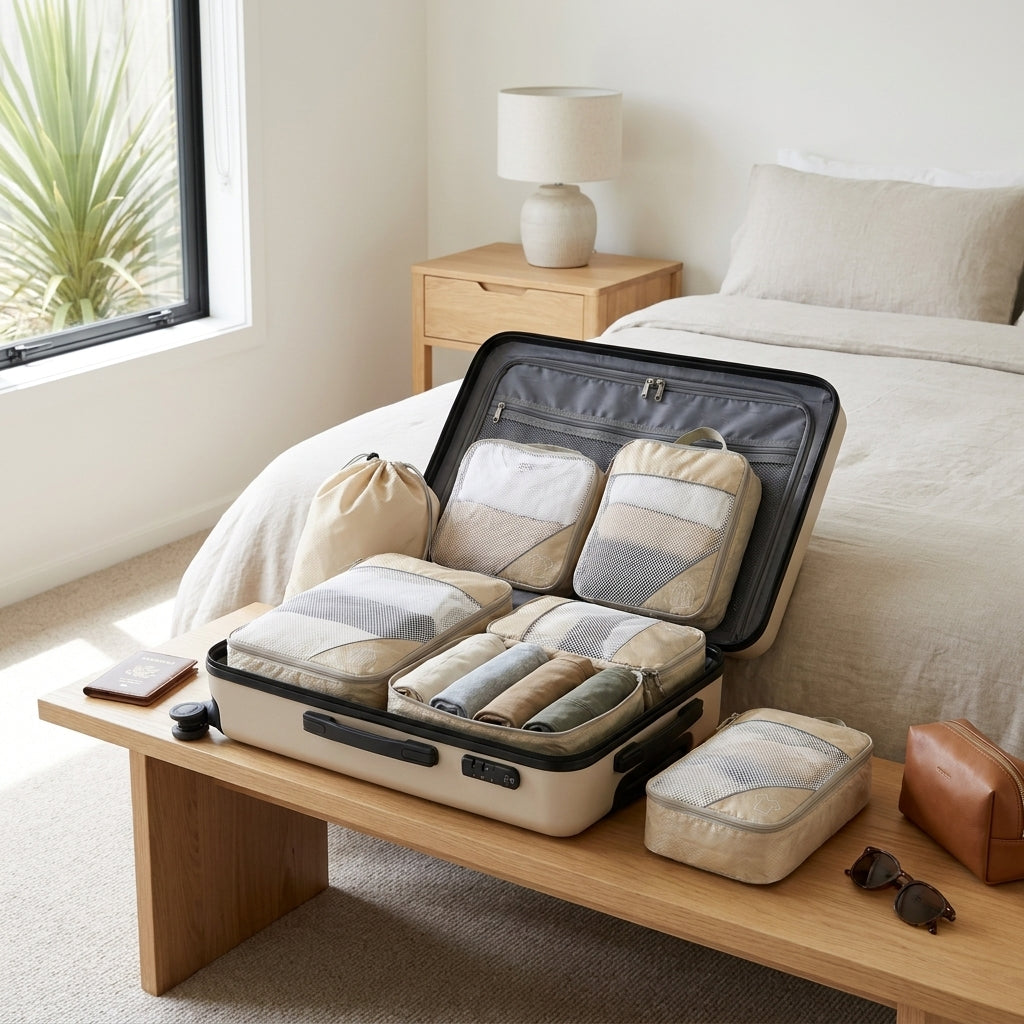 6-Piece Travel Packing Cubes Set with Laundry Bag - Beige