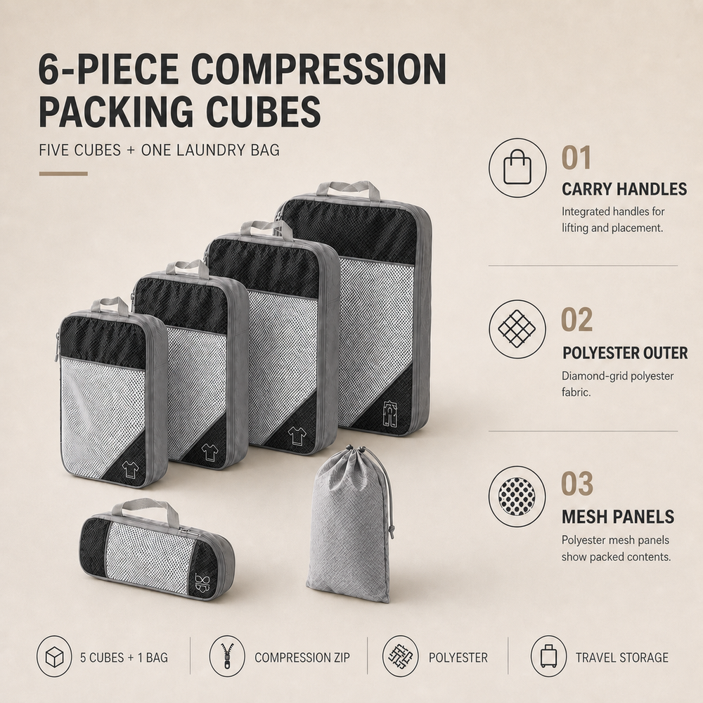 6pcs Compression Packing Cubes Travel Luggage Organizer Set - Black