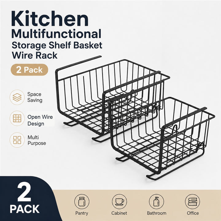 Under Shelf Storage Basket Wire Rack Organizer for Kitchen and Pantry - 2 Pack