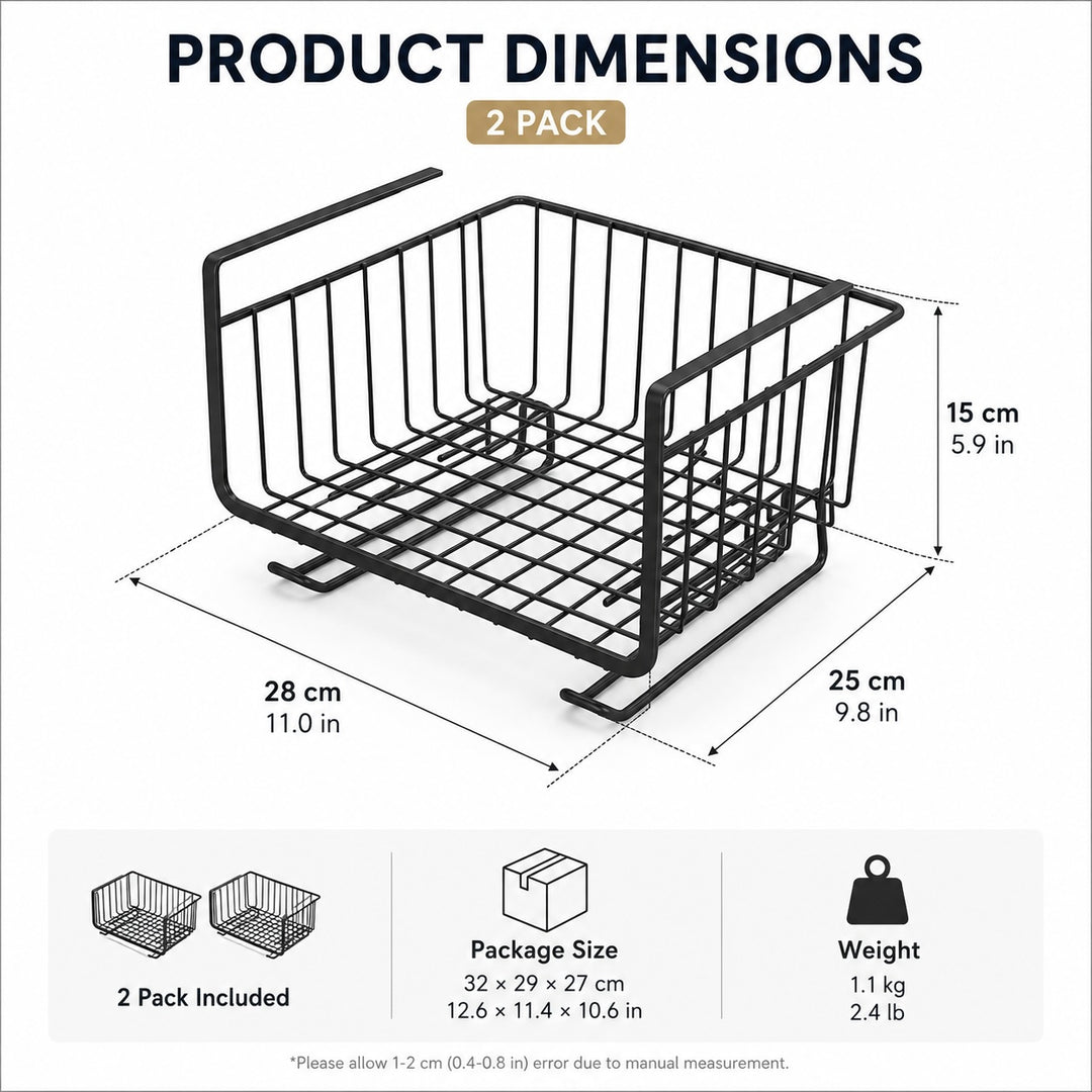 Under Shelf Storage Basket Wire Rack Organizer for Kitchen and Pantry - 2 Pack