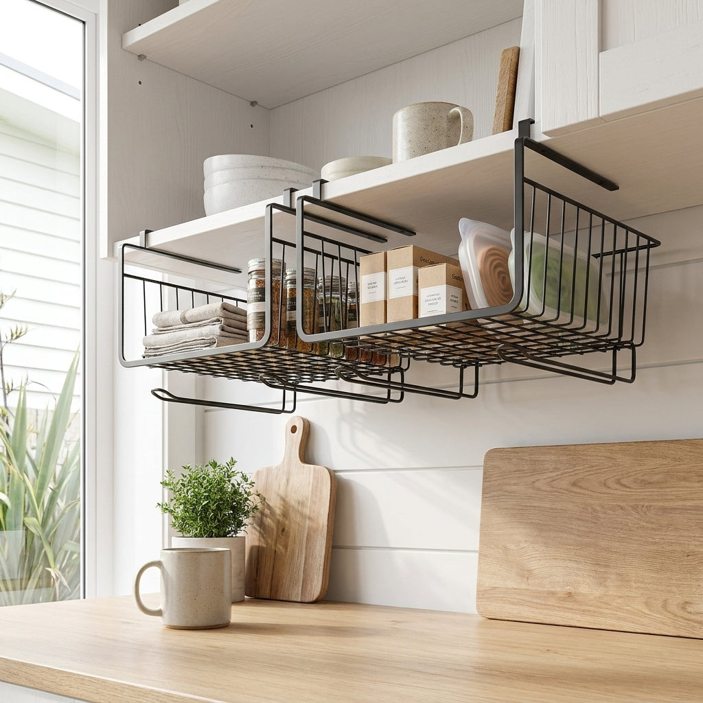 Under Shelf Storage Basket Wire Rack Organizer for Kitchen and Pantry - 2 Pack