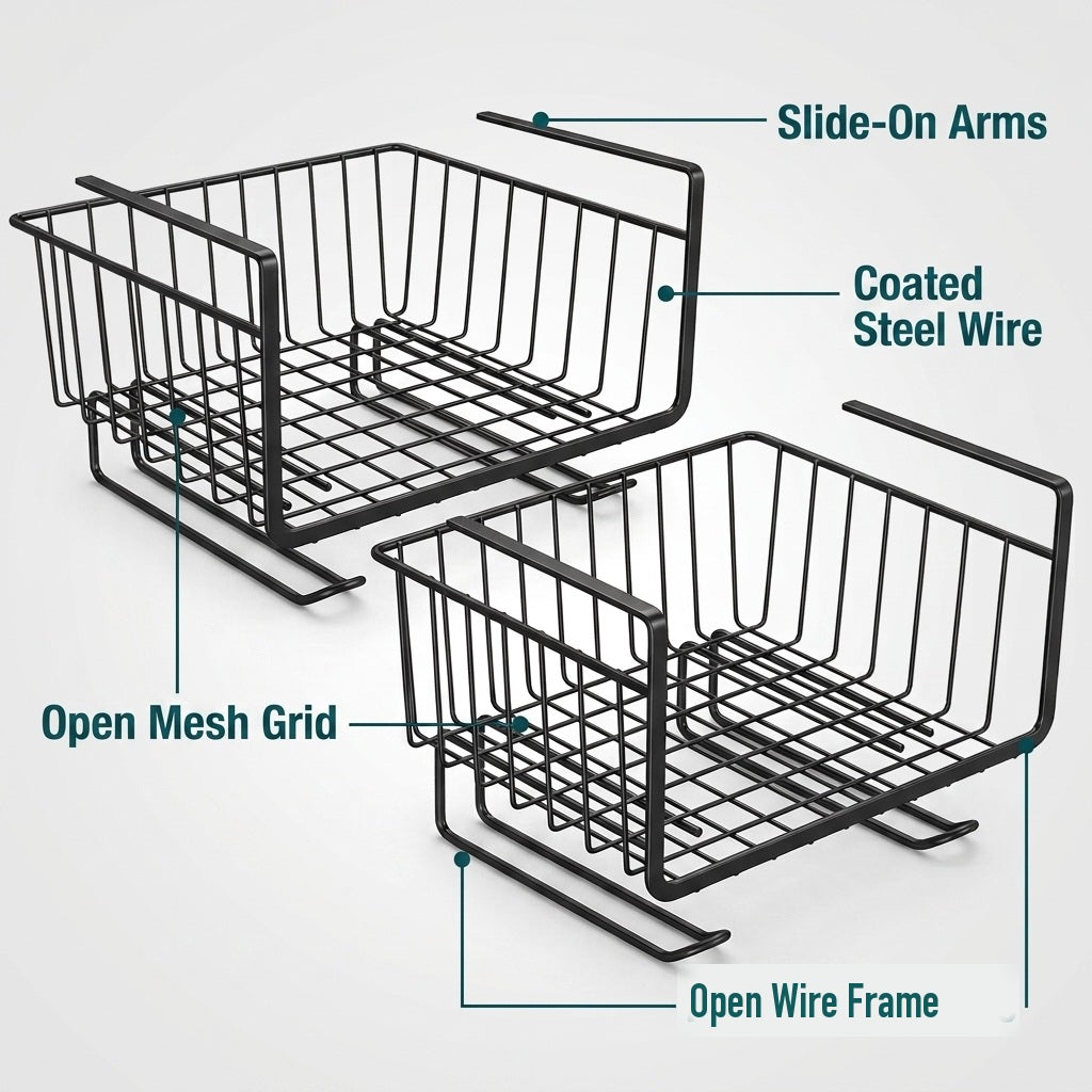 Under Shelf Storage Basket Wire Rack Organizer for Kitchen and Pantry - 2 Pack