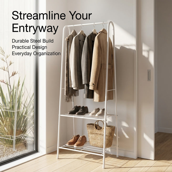 Entryway Clothes Rack Storage with 2-Tier Metal Shelf - 60x36x153cm