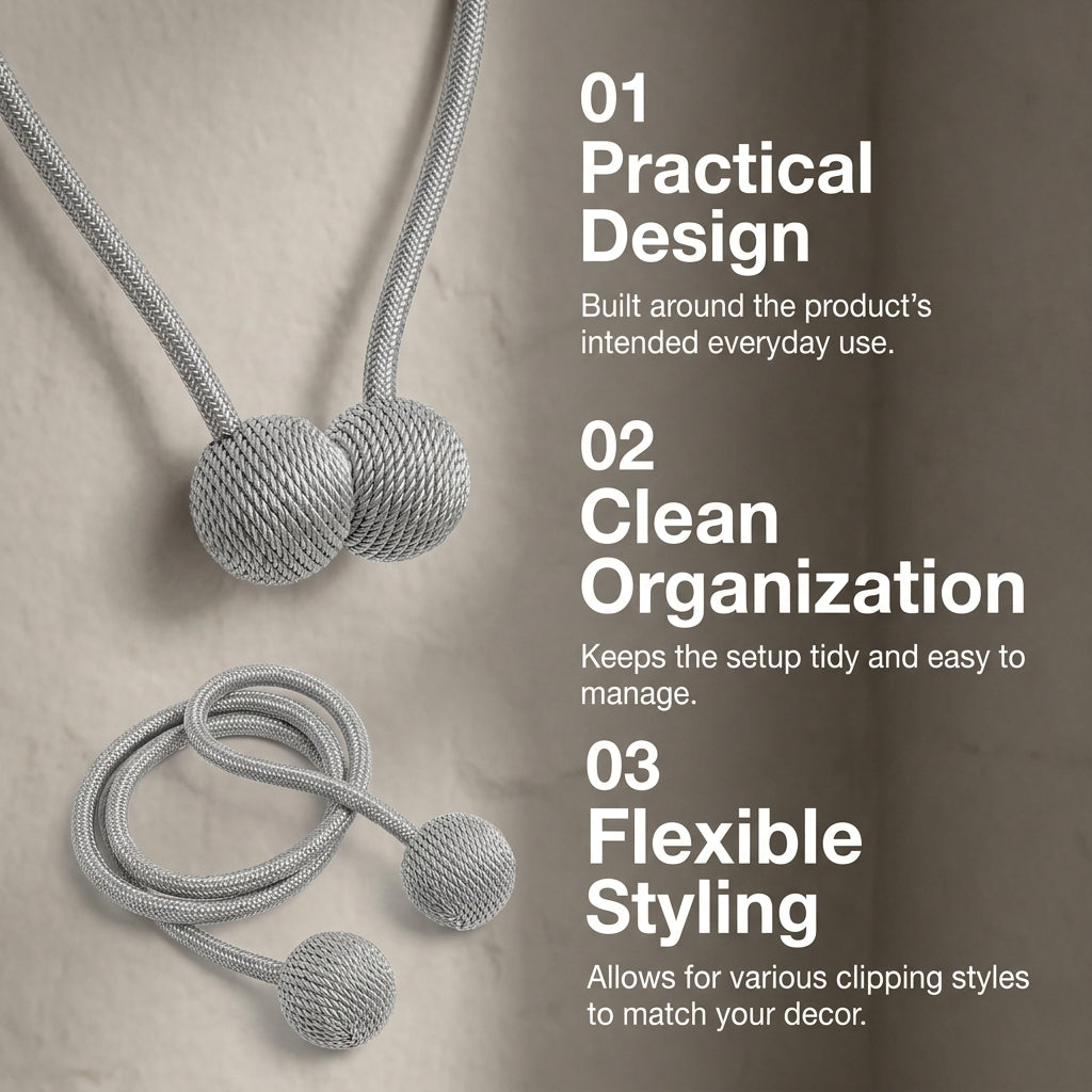 2 Pairs Magnetic Window Curtain Tiebacks Braided Cord - Gray