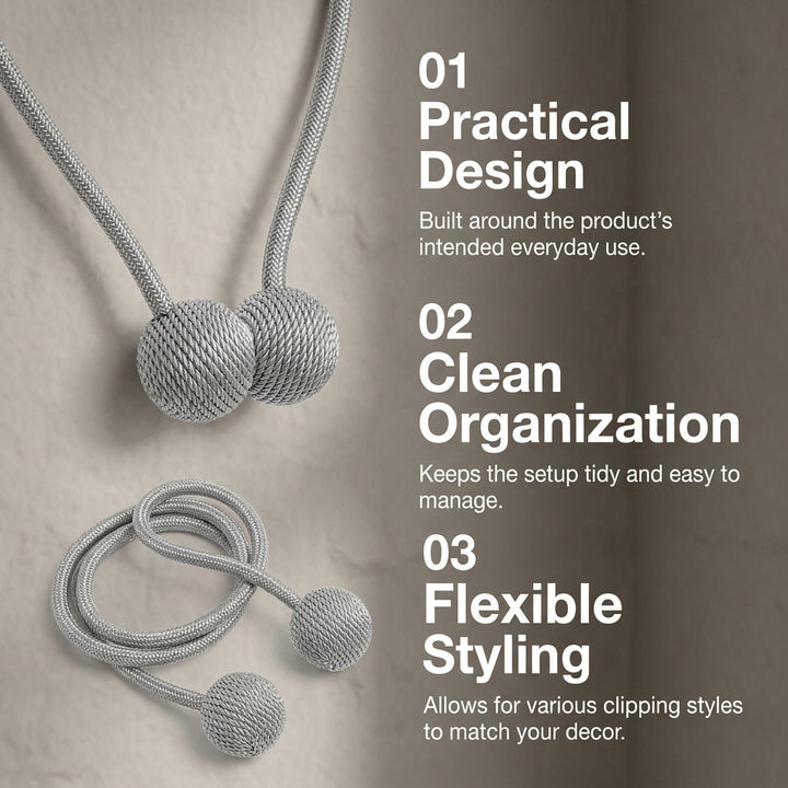 2 Pairs Magnetic Window Curtain Tiebacks Braided Cord - Gray