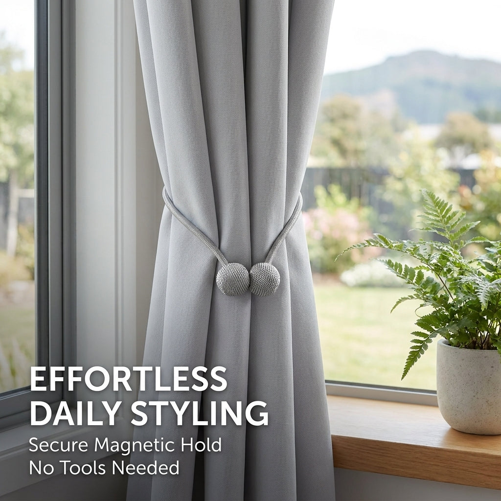 2 Pairs Magnetic Window Curtain Tiebacks Braided Cord - Gray