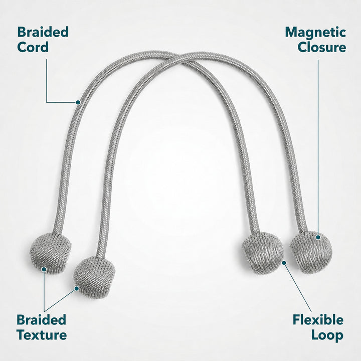2 Pairs Magnetic Window Curtain Tiebacks Braided Cord - Gray