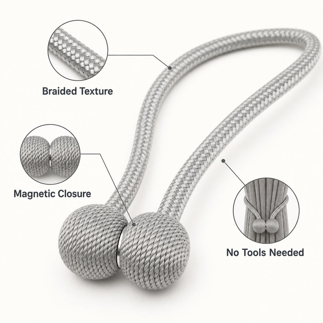 2 Pairs Magnetic Window Curtain Tiebacks Braided Cord - Gray