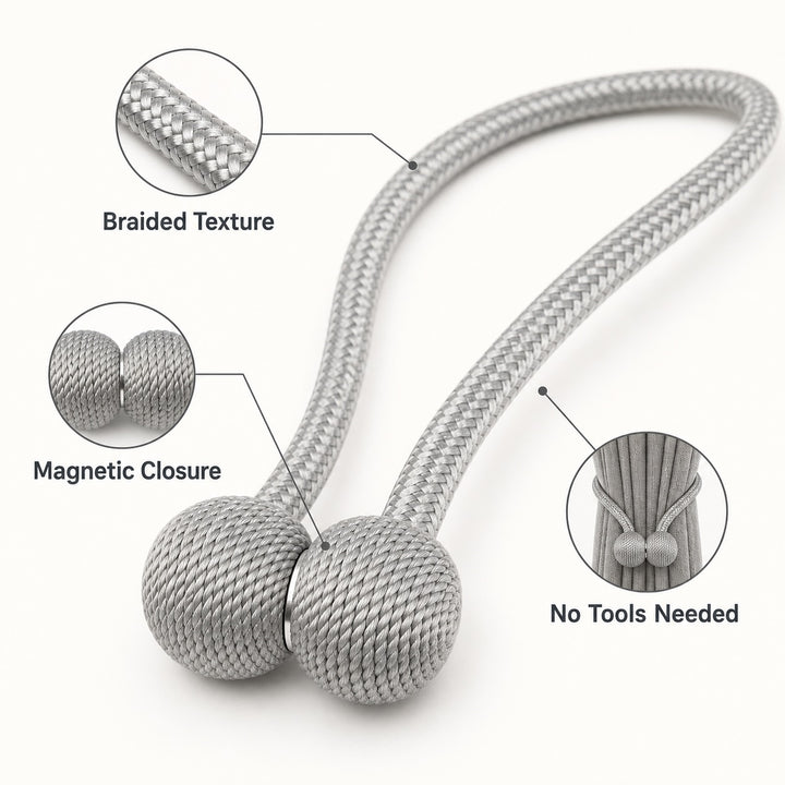 2 Pairs Magnetic Window Curtain Tiebacks Braided Cord - Gray