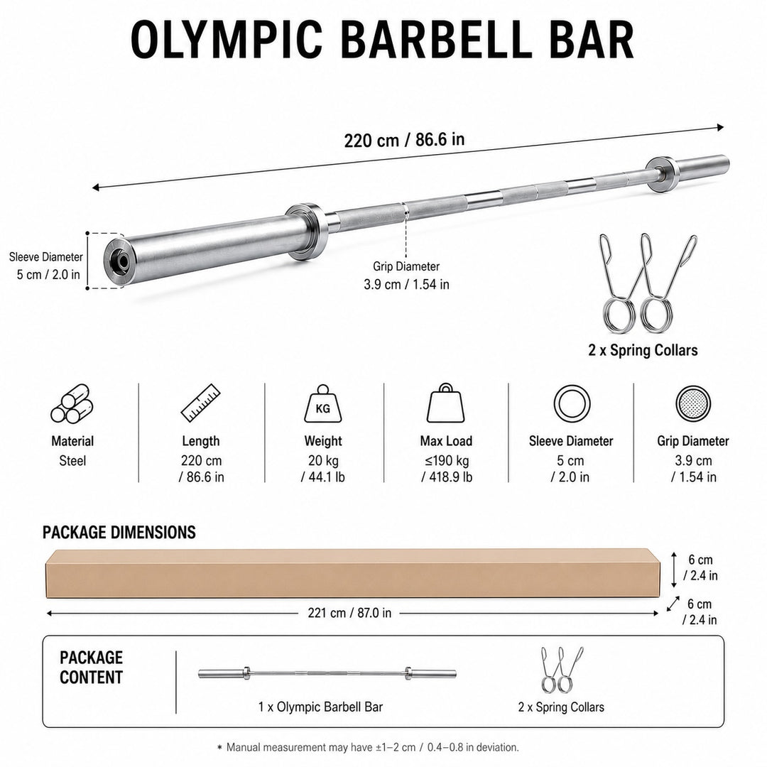 220cm Olympic Barbell Bar 20kg - Solid Steel Weightlifting Bar for Home Gym