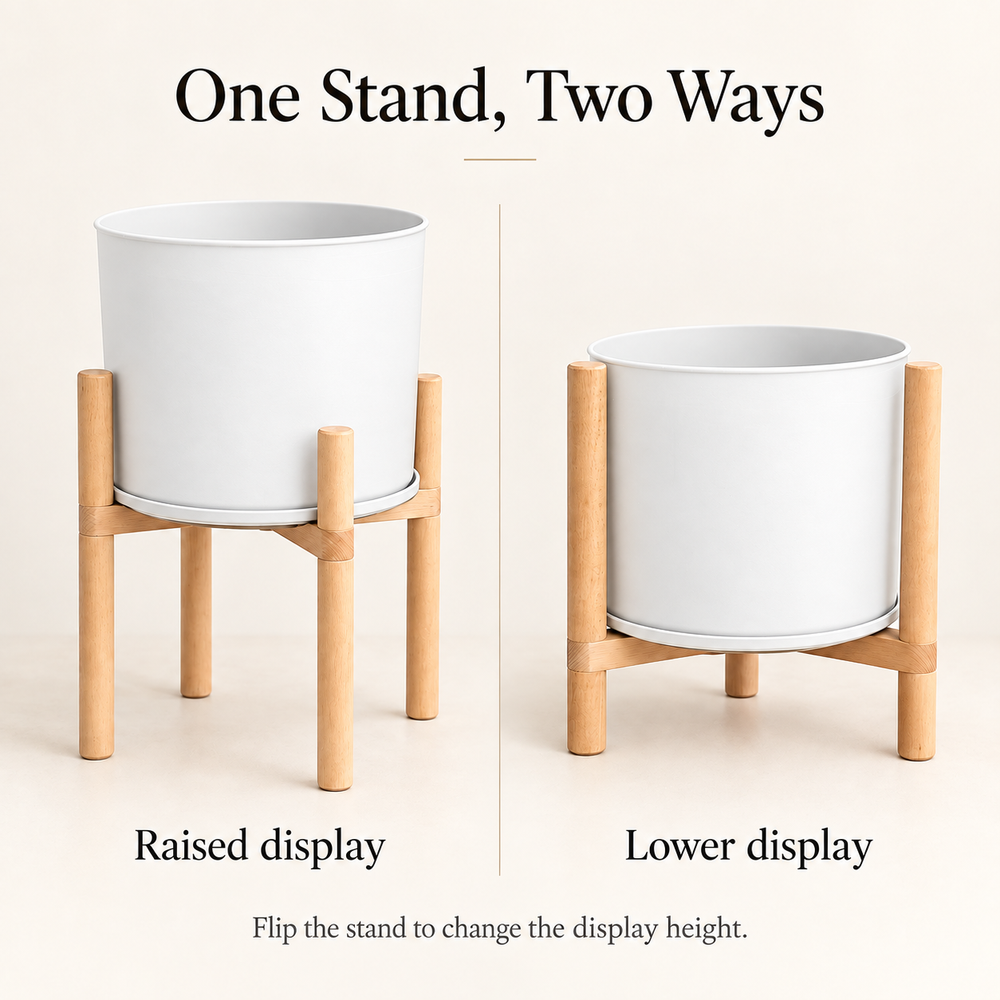 Modern White Flower Pot with Wooden Stand - 50 cm