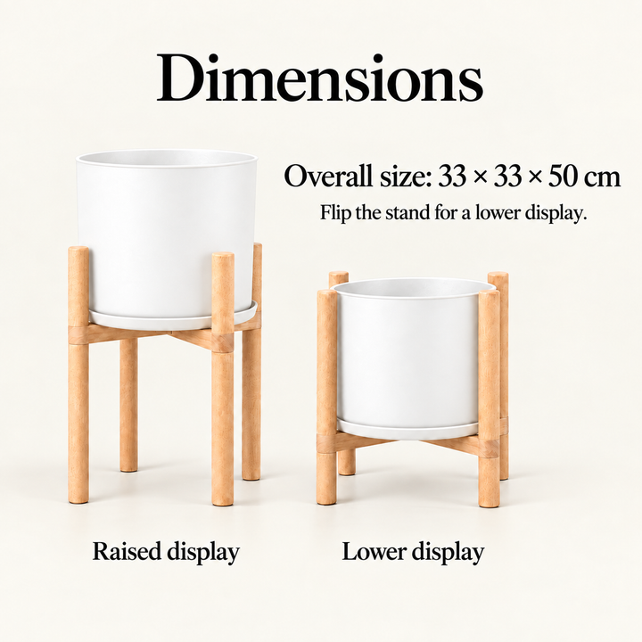 Modern White Flower Pot with Wooden Stand - 50 cm