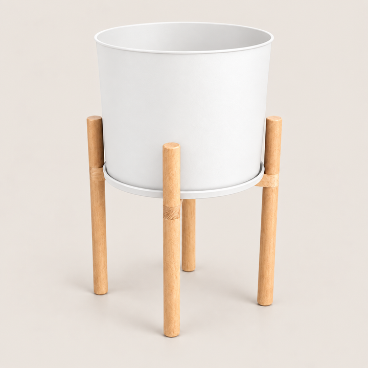 Modern White Flower Pot with Wooden Stand - 50 cm