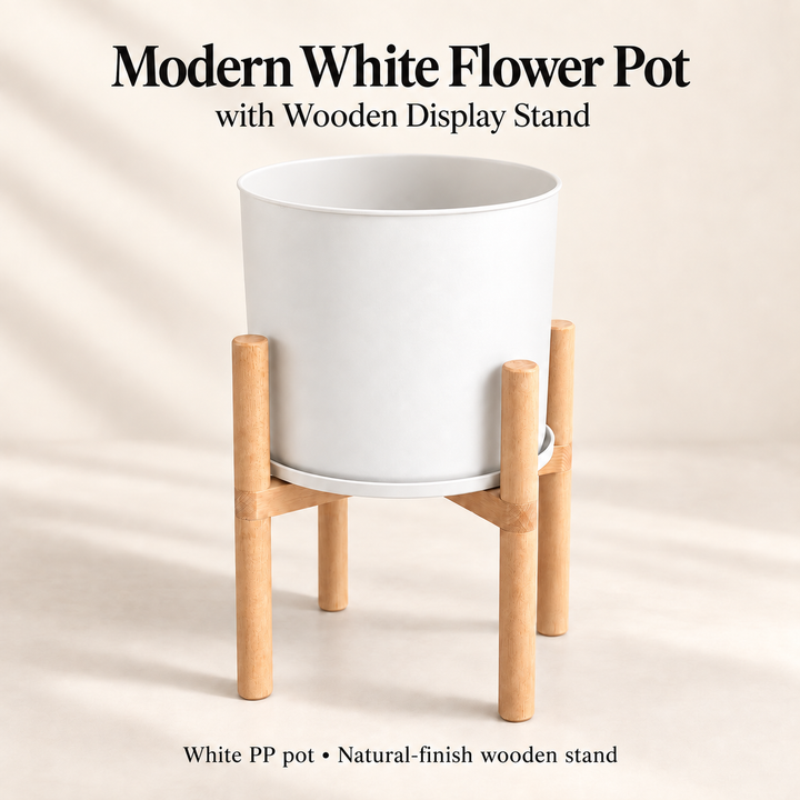 Modern White Flower Pot with Wooden Stand - 50 cm