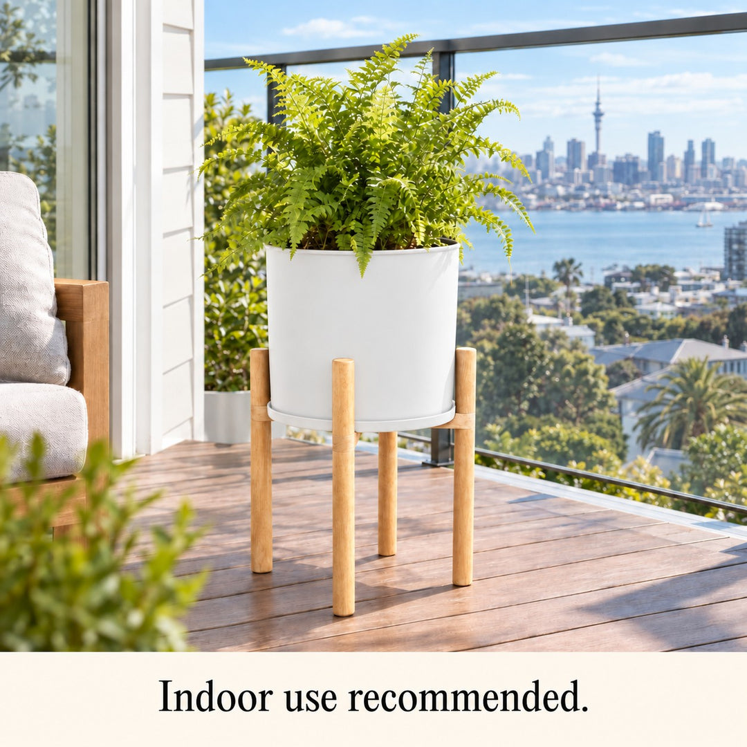 Modern White Flower Pot with Wooden Stand - 50 cm