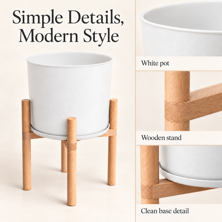 Modern White Flower Pot with Wooden Stand - 50 cm