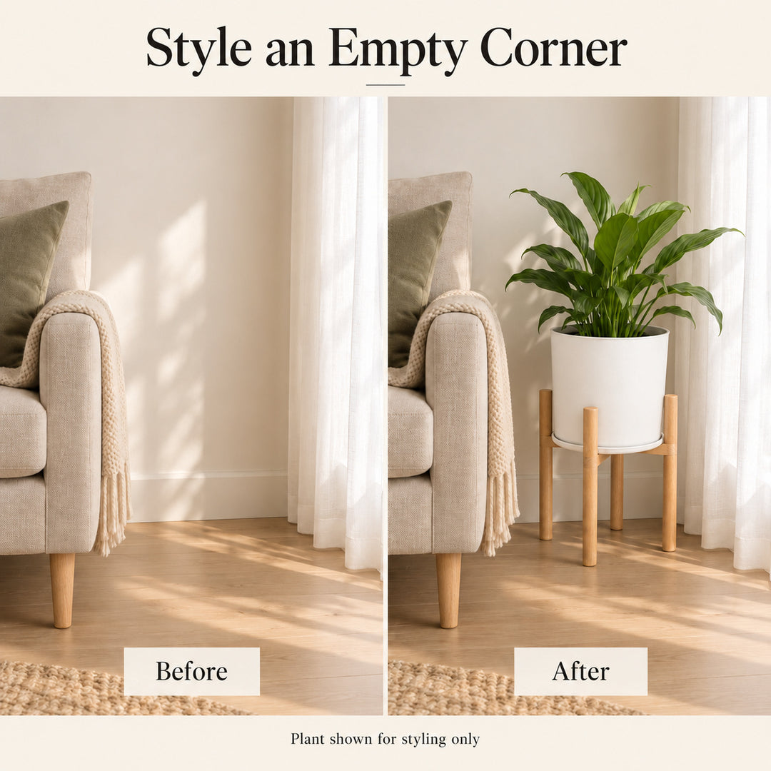 Modern White Flower Pot with Wooden Stand - 50 cm