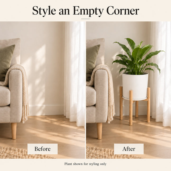 Modern White Flower Pot with Wooden Stand - 50 cm