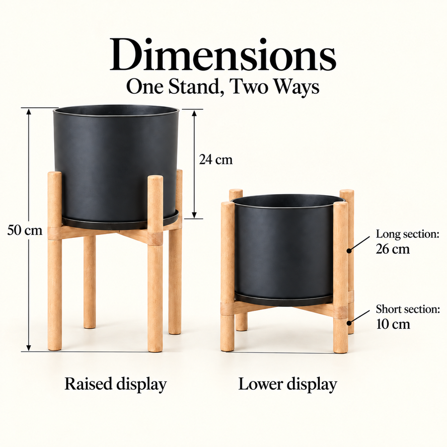 Modern Flower Pot with Wooden Display Stand and Reversible Saucer/Lid Black 50cm Indoor Planter