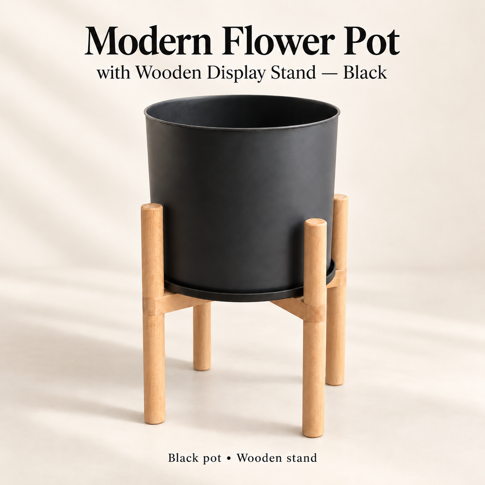 Modern Flower Pot with Wooden Display Stand and Reversible Saucer/Lid Black 50cm Indoor Planter
