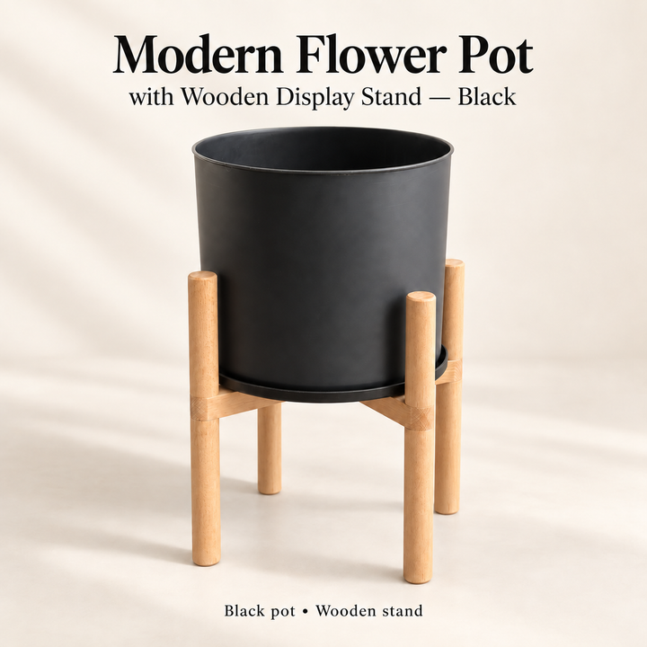 Modern Flower Pot with Wooden Display Stand and Reversible Saucer/Lid Black 50cm Indoor Planter